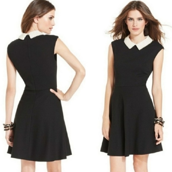 Betsey Johnson Black Retro Pearl Collar Textured Fit & Flare Skater Dress Size 8 - Picture 1 of 12